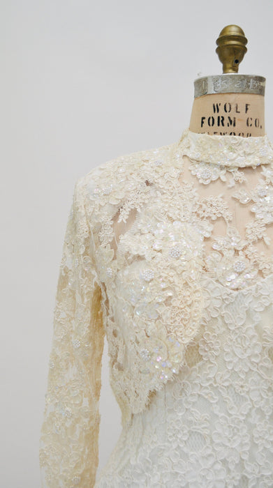 90s Vintage Off White Lace Beaded Party Wedding Gown Beaded Cream White Lace Jacket XS SMALL// Vintage Sequin Lace Wedding Dress Halter Neck