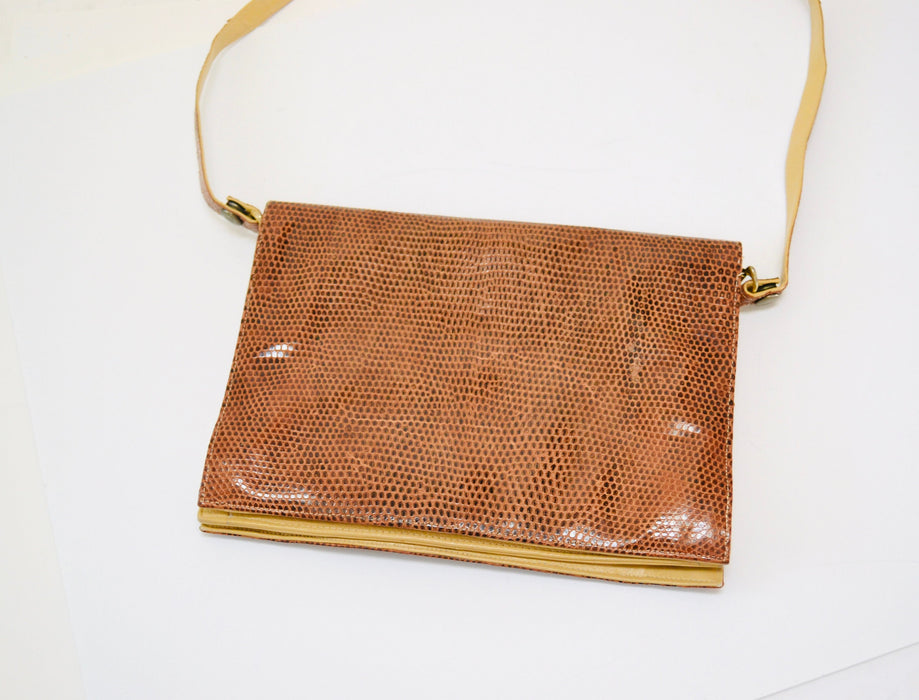 70s Vintage Brown Leather Envelope Bag Clutch Brown Tan Leather Snakeskin Shoulder Bag// Brown Patent Leather Snake Skin Bag Purse