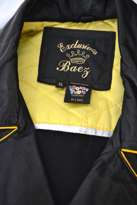90s Vintage Black Leather Motorcycle Biker Jacket Rebel Bugs Bunny mens Large XL Looney Tunes Cartoon Leather jacket by Baez