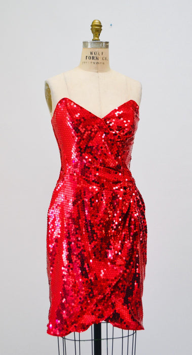 80s Prom Dress Red Sequins Small Medium// Vintage 80s Pageant Dress Red Sequin Strapless Dress 80s Metallic Prom Party Red Sequin Dress