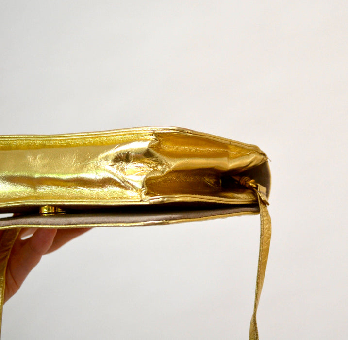 Vintage Gold Leather Clutch Purse Hand Bag// Vintage Metallic Gold Leather Bag Purse Evening Bag