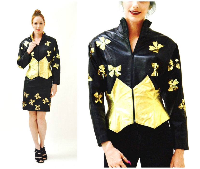 Vintage Sequin Leather Jacket Black and Gold Metallic Sequin Jacket Bows 80s Glam Leather Jacket by Lillie Rubin Size Small Medium