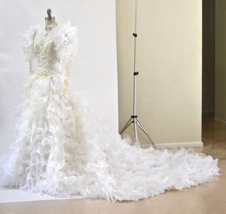 Vintage 80s 90s Wedding Dress GOWN White Sequin Ruffle 80s 90s Wedding Gown Dress Small Medium Long Sleeve High Neck Sequin Beaded Dress