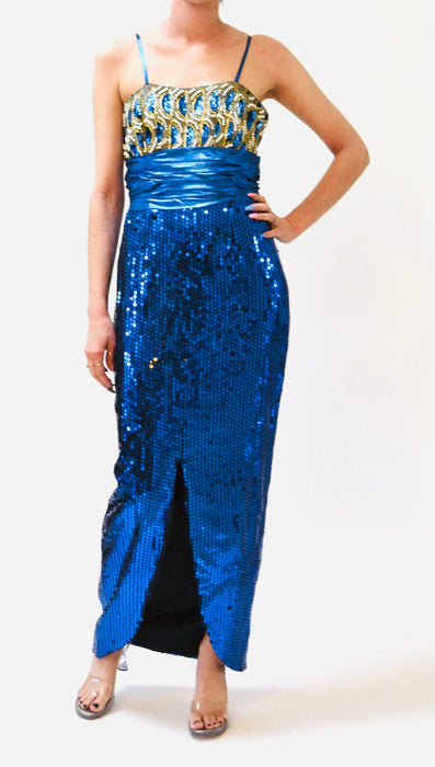 Vintage 80s Prom Dress Blue Sequin Metallic Gown Small// 80s Party Blue Metallic Sequin Beaded Pageant Dress Small Medium Alyce Designs