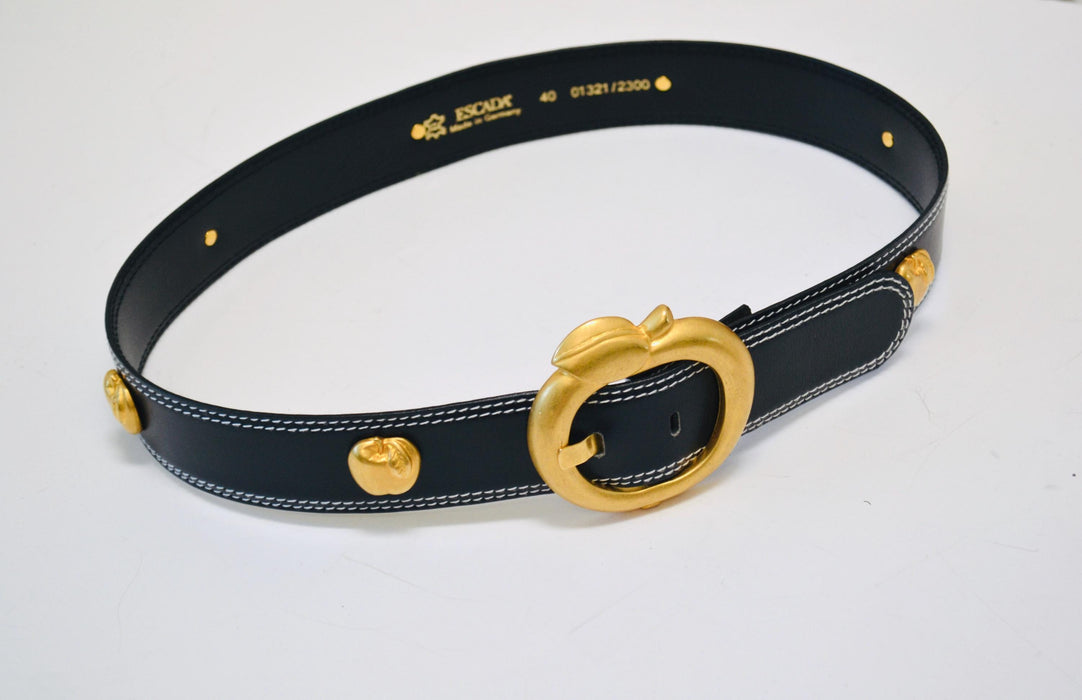 80s 90s Vintage ESCADA Apple Belt Gold Metallic Navy Blue Leather Belt size 40 Medium Large 80s Glam Navy Gold Belt Apple Fruit Teacher