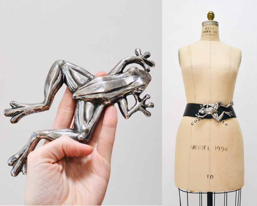 90s Vintage Katherine Baumann Beverly Hills Silver Tree Frog Belt Buckle Metallic Silver Wedding Frog Belt Buckle Large Silver Belt Buckle