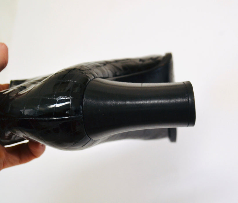 90s 00s Black Patent Leather Cropped High heel Boots 37 1/2 7 1/2 by Omari Made in Italy Cropped Reptile Patent Leather Booties Size 37 1/2