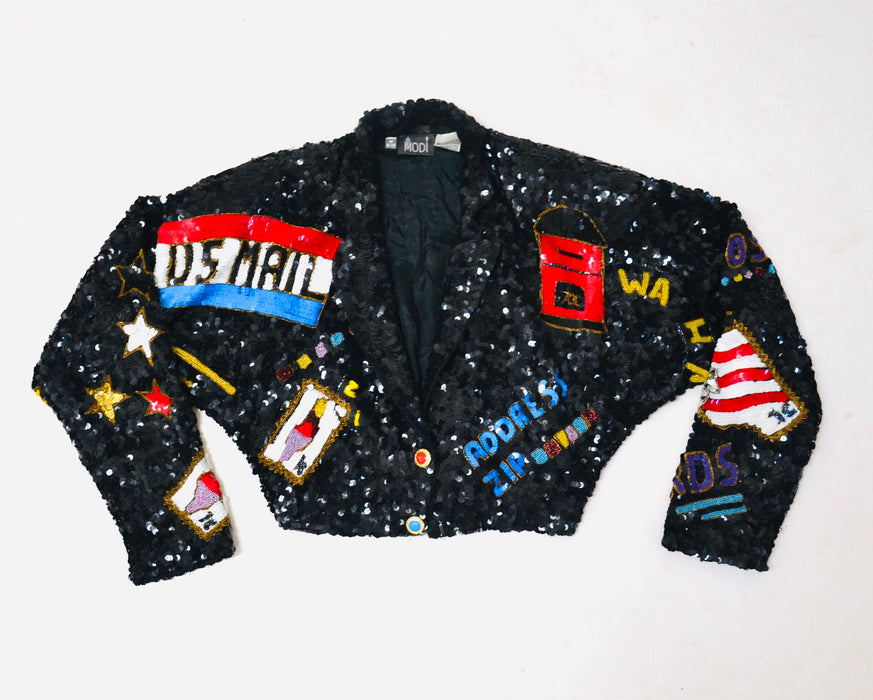 80s 90s Vintage Sequin USA Jacket American Flag USPS Jacket Medium By Modi// Vintage Black Sequin Jacket USA America Olympics Sequin Jacket