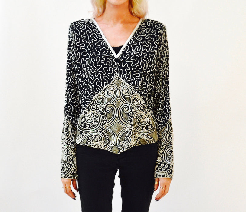 80s 90s Vintage Beaded Sequin Shirt Top Black White Silver Medium Large Art Deco Flapper Inspired Beaded Top Shirt Judith Ann Creations