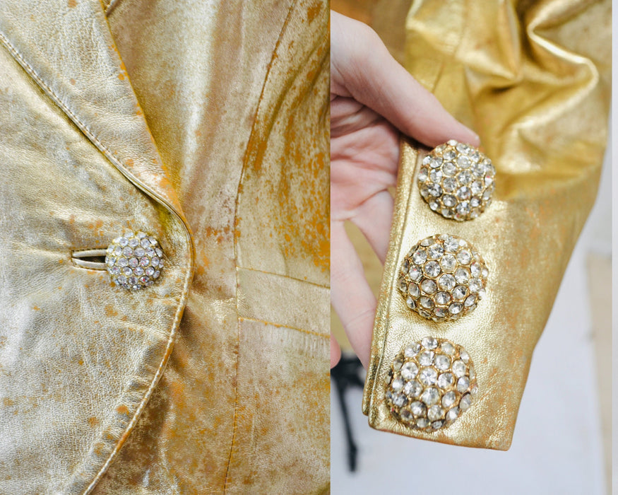 80s 90s Vintage Gold Metallic Rhinestone Leather Suit Jacket Skirt Set Lillie Rubin Medium Large 80s Glam Gold Studded Leather Jacket Skirt