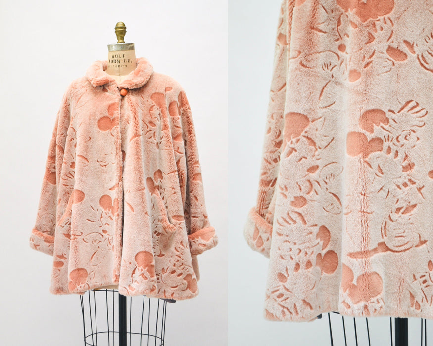 Vintage Pink Faux Fur Jacket Coat with Mickey Mouse Disney 90s Animal Print Peach Faux Fur Coat by Apparence Paris Medium Large