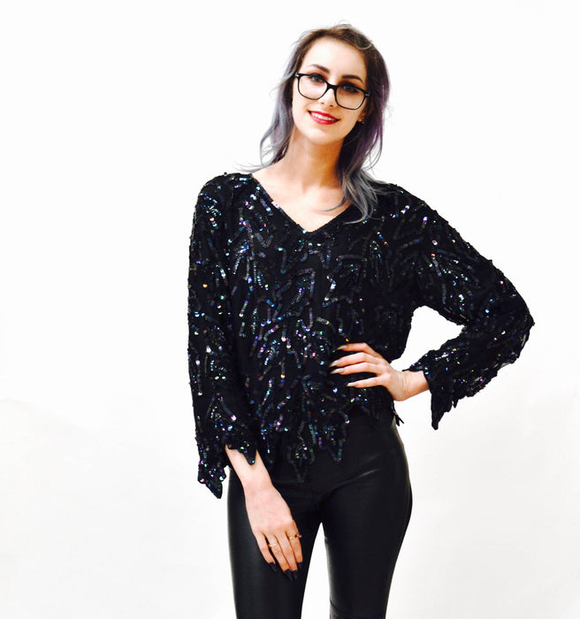 Vintage Metallic Sequin Shirt Black Art Deco Flapper Inspired Oil Slick// Vintage Flapper Inspired Beaded Shirt Top Black Sequins Small