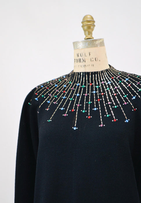 80s 90s Vintage Black St John Dress Metallic Rhinestone Knit Dress St John Evening// Black Rhinestone Party Sweater Knit Dress Medium Large