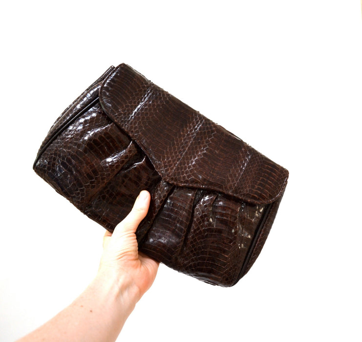 70s 80s Vintage Brown Leather Clutch Snakeskin Python// Brown Patent Leather Snake Skin Bag Purse by Timothys Collection