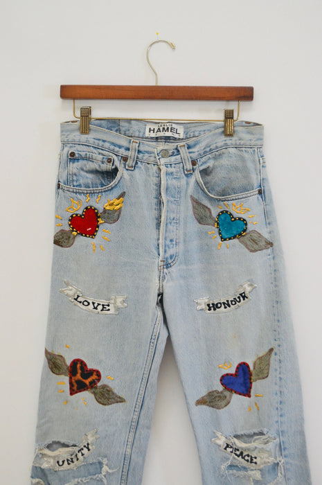 80s Vintage Leslie Hamel Jeans Pants Vintage Levis Hand painted Love Peace Denim Jeans Levis Pop Art Vintage Levis Medium Jeans Madonna