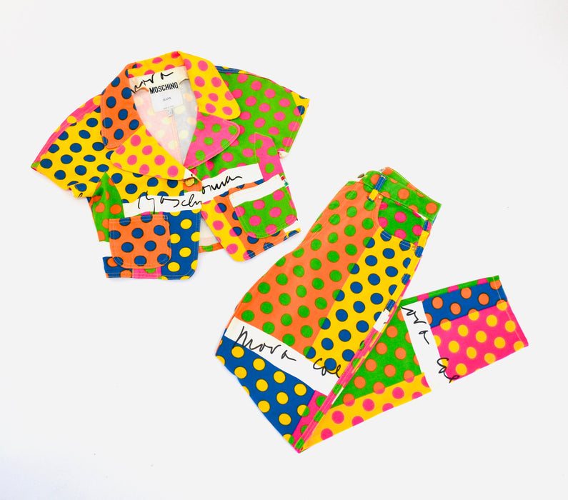 90s Vintage Moschino Jeans Polka Dot Suit Cropped Jacket Jeans Pants With Rainbow Polka Dot Print Size Small Medium Fashion Pop Art