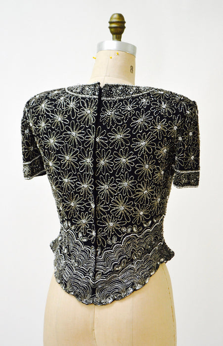 90s 00s Vintage Black Metallic Silver Beaded Sequin Top Shirt Medium Daisies Flowers// Vintage Sequin Beaded Top Medium Flapper Inspired