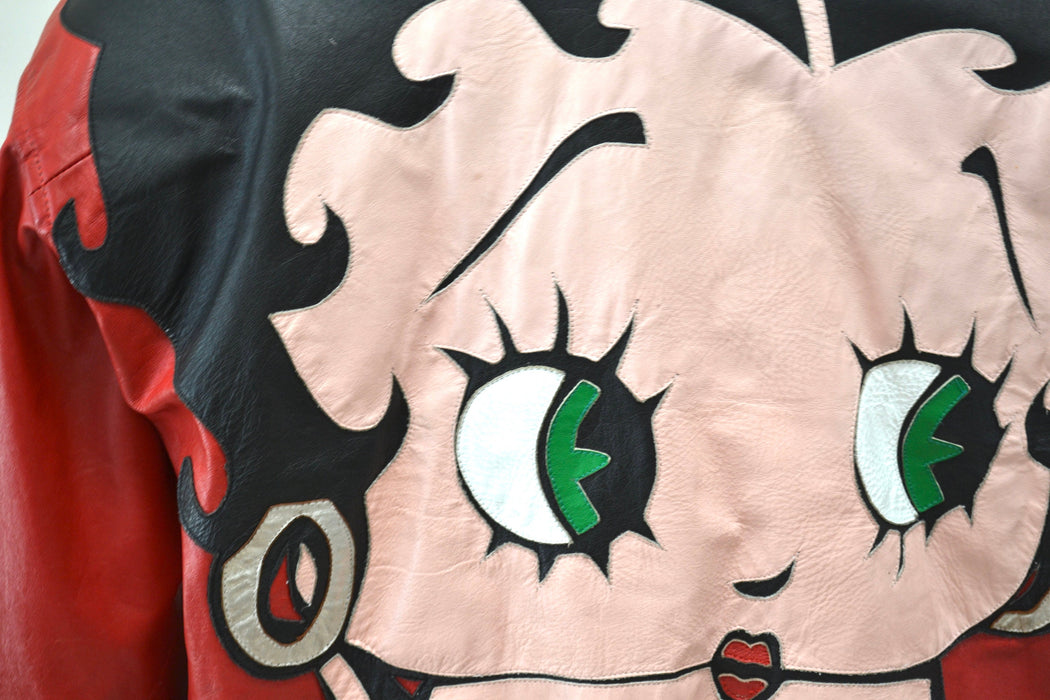 80s 90s Vintage Red Leather Jacket with Betty Boop Jacket// 90s 80s Red Leather Biker Jacket Betty Boop Comic Cartoon Small Medium Maziar
