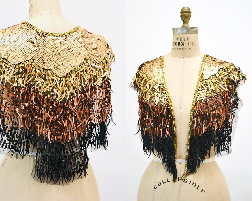 Vintage Gold Black Beaded Fringe Shawl Wrap Burlesque Wedding Flapper Gold Metallic Beaded Vintage Fringe Collar Shawl GOld Shawl Sharmark