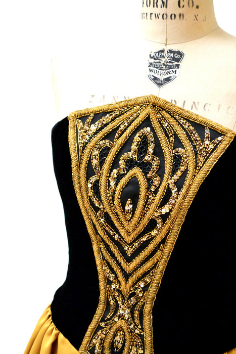 Vintage Bob Mackie Dress Black Strapless Velvet Dress Beaded Sequin Dress Black Yellow Gold Small Medium// 90s Vintage Pageant Party Dress