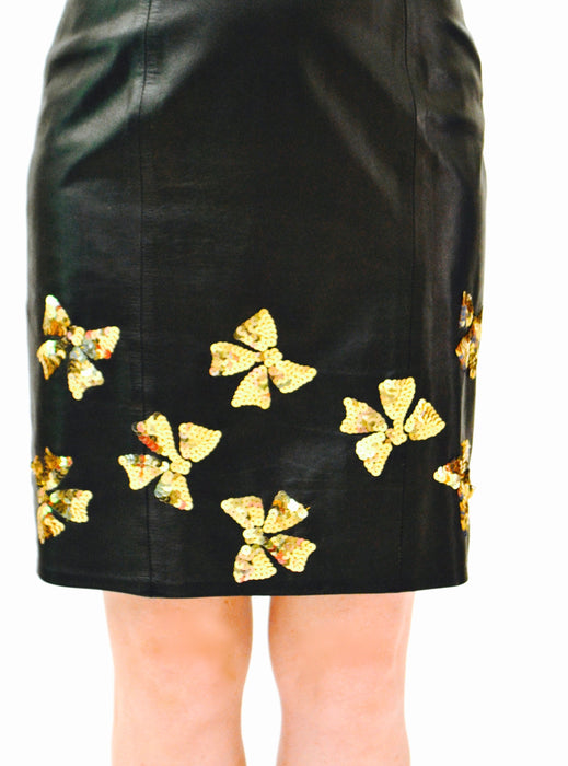 Vintage Sequin Leather Jacket Black and Gold Metallic Sequin Jacket Bows 80s Glam Leather Jacket by Lillie Rubin Size Small Medium