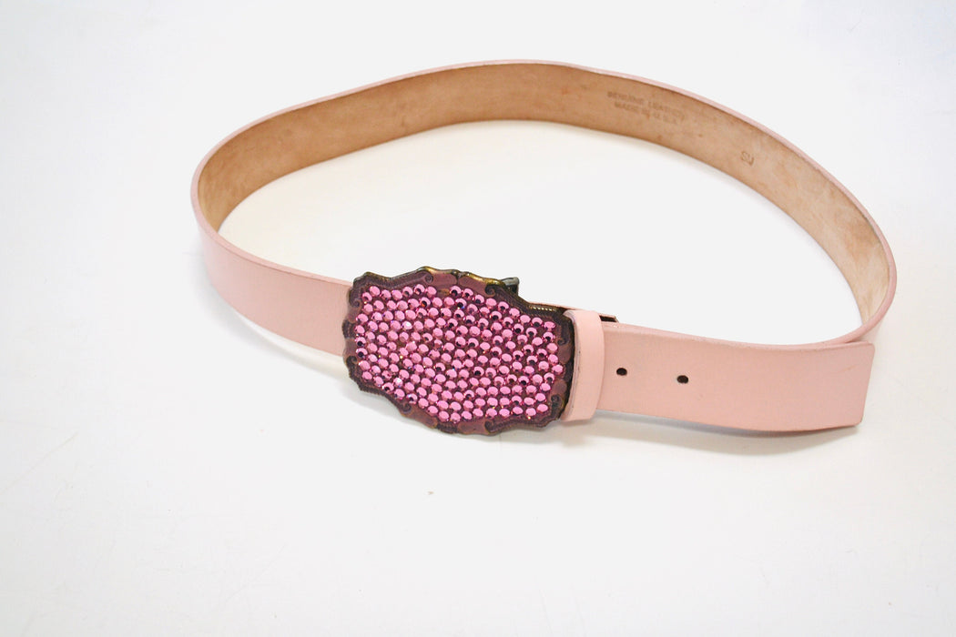 Y2K 2000s Pink Rhinestone Leather Belt Pink Crystal Belt Buckle Pink Leather Belt Size Small Medium Pink Rhinestone cowgirl Belt 33-37"