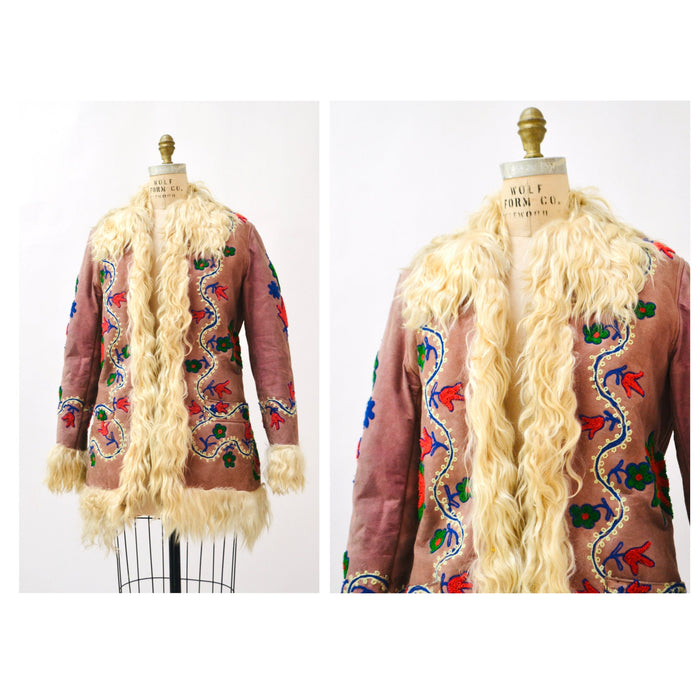 Vintage Embroidered Shearling Afghan Jacket Coat Small Medium//  70s Shearling Coat Embroidered Sheepskin Fur Boho Afghan Jacket By Yaqub