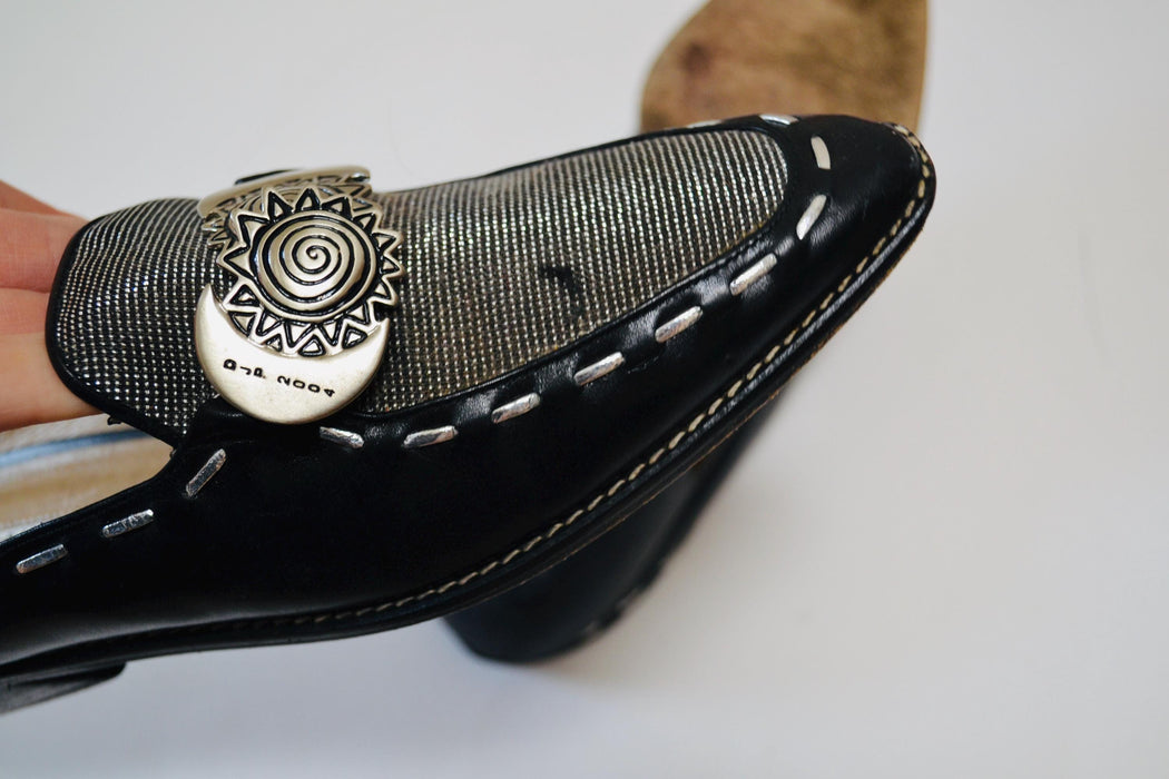 00s Y2K Vintage Black Silver Slides Mules Shoes 6 1/2 Vintage Black Silver Shoes Mules by Donald Pliners Moon Sun BLack Flats Mules 6 1/2