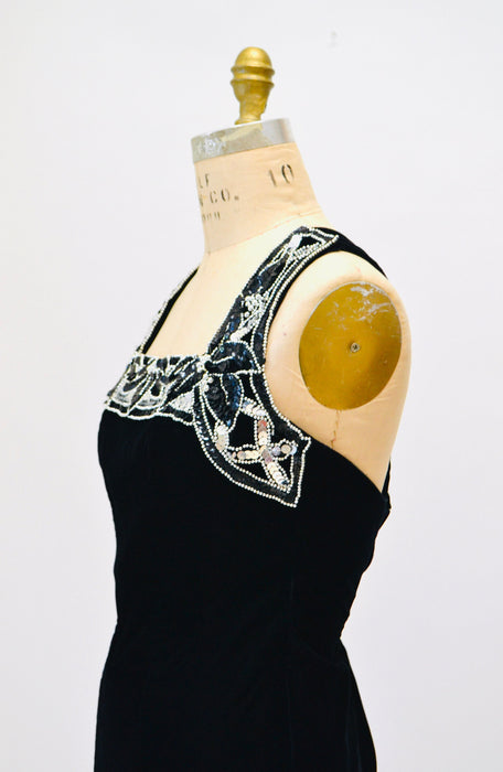 90s Vintage Prom Party Dress Black velvet Dress Silver Sequins XS Small // 90s Velvet Tank Dress Black Silver Sequin Body con dress XS