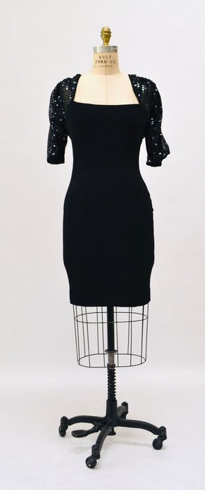 70s 80s Vintage Black Sequin Dress Gerald Franklin Small Medium// 70s 80s Black Sequin Dress Black Knit 70s Disco Cocktail Body Con Dress