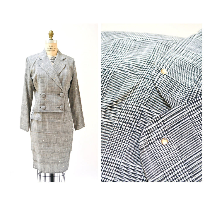 90s Vintage Plaid Jacket Skirt Suit Rhinestones Black and White Plaid Double Breasted Suit Jacket Rhinestone Glam Power Suit Small Medium