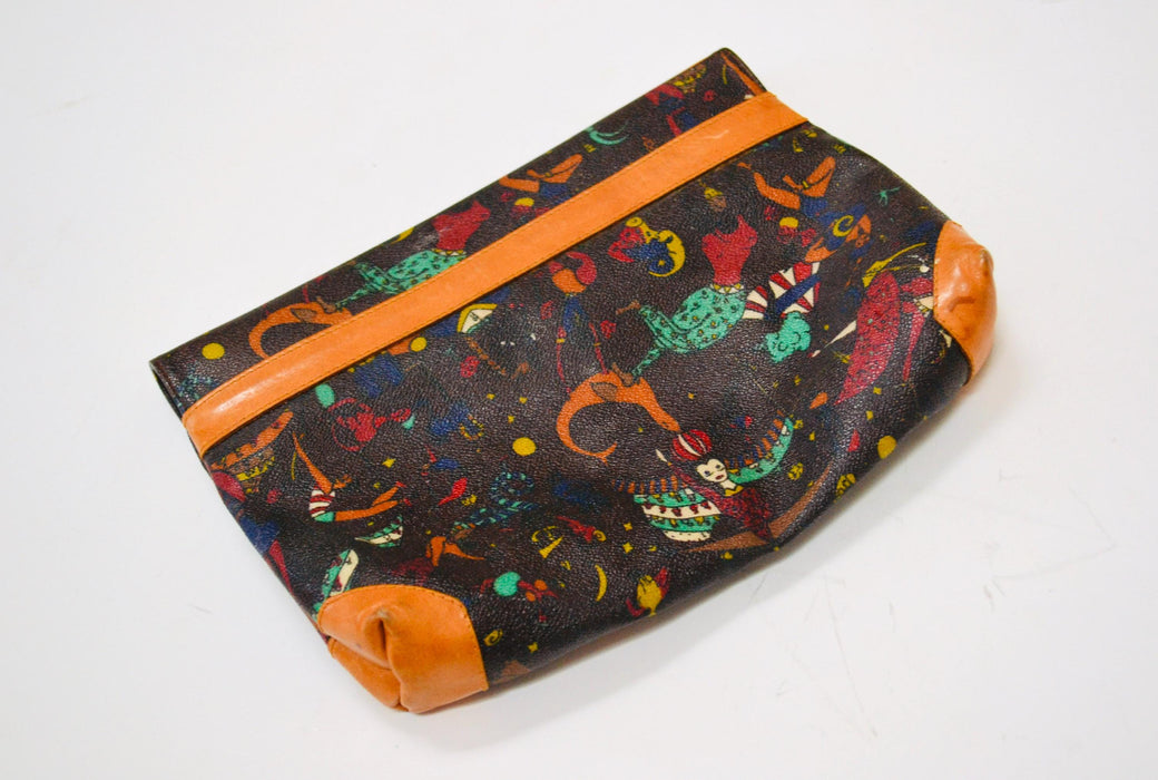 Vintage Piero Guidi Magic Circus Bag Clutch Bag Purse Made In Italy Vintage Coated Canvas Bag Brown Leather Bag Envelope Clutch Bag 70s
