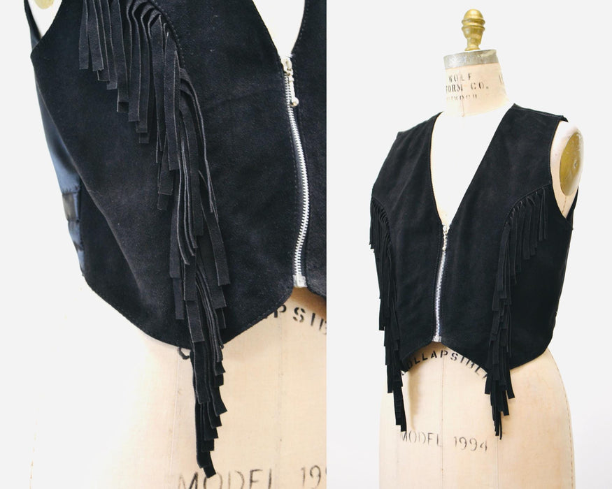 80s 90s Vintage Black Leather Fringe Vest Black Fringe leather Vest Cowboy Cowgirl Rodeo Biker Festival Vest Large Black Leather Vest