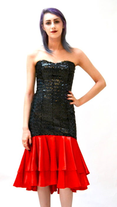 80s Vintage Prom Dress Black Sequin Dress Black and Red Strapless XS Small// Vintage Black Strapless Sequin Dress 80s Prom Party