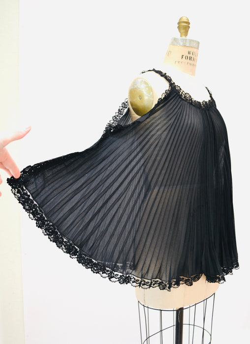 60s 70s Vintage Black Sheer Babydoll Pleated Nightgown Lingerie by Parisian Maid// Black Sheer Lingerie Night gown Black Honeymoon Maternity