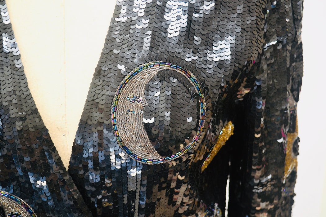 Vintage Sequin Jacket Black and Gold Metallic With Stars Moon Medium by Modi // Vintage Black Sequin Jacket Astrology Stars Night Sky