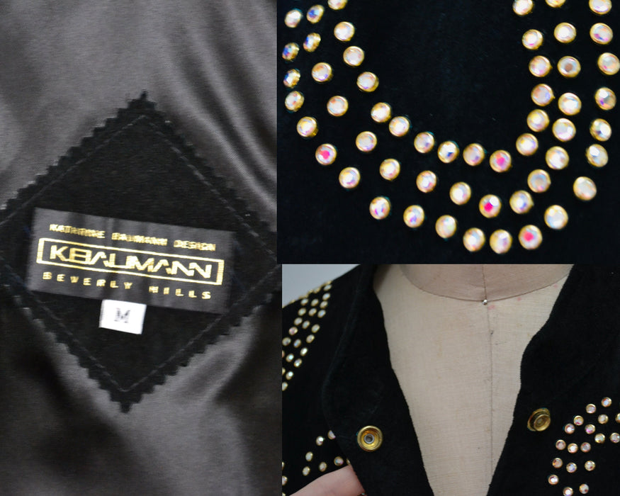 90s Vintage Black Leather Jacket Gold Studded Rhinestone Jacket By Kathrine Baumann  Black Suede 80s Glam LOVE Leather Jacket Medium Large