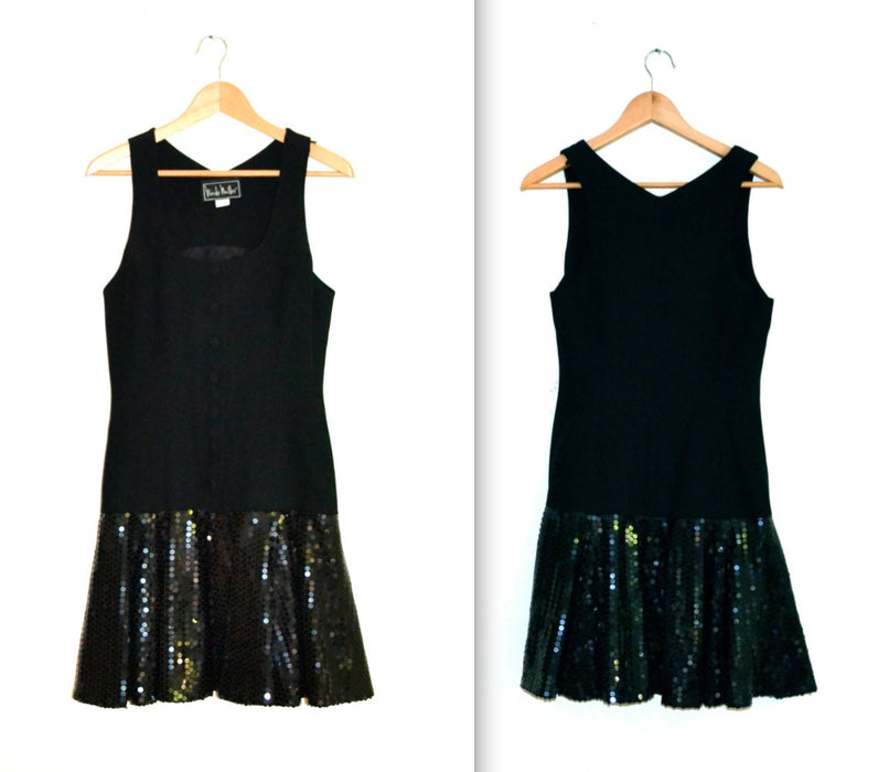 90s Vintage Black Sequin Tank Dress Small Medium// 90s Black Prom Dress Sleeveless Dress Drop Waist Small by Nicole Miller Flapper Inspired