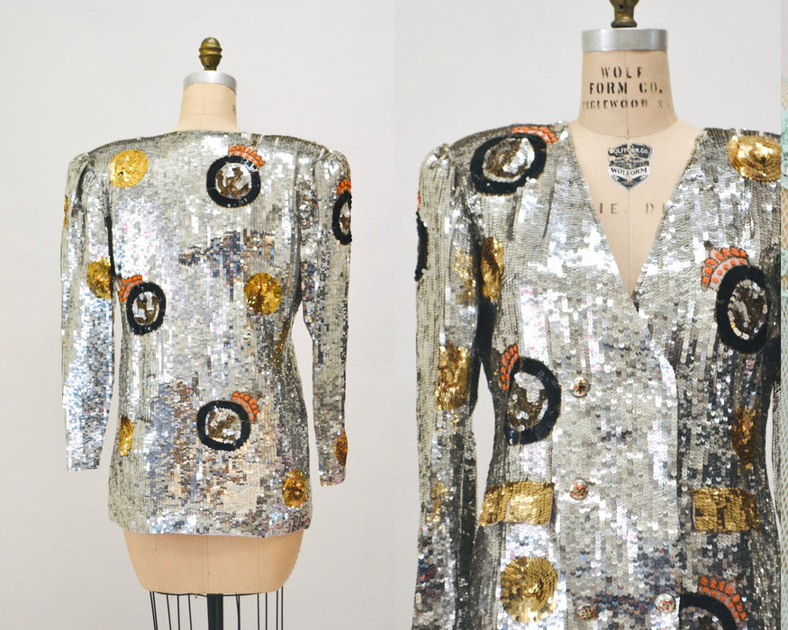 80s 90s Vintage Silver Sequin Jacket// Vintage Silver Sequin Boat Party Jacket  Nautical Captain Silver Sequin Blazer French Collizioni