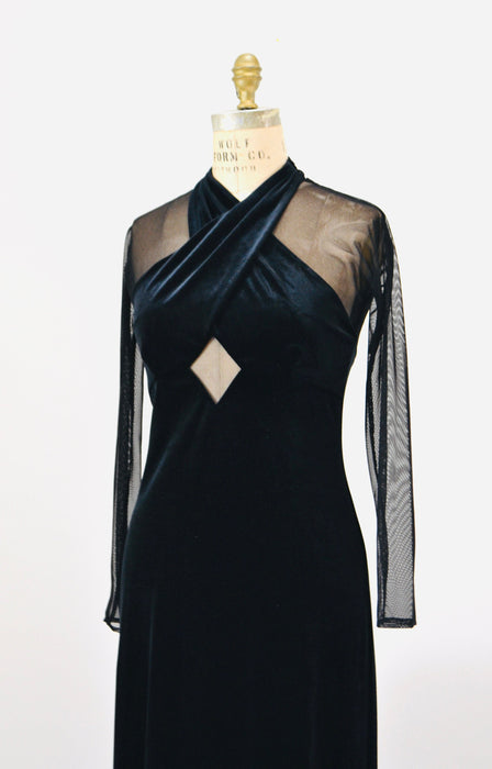90s Vintage Black Velvet Prom Dress Illusion Dress Medium// Black Body Con 90s Prom Dress Bondage Dress Medium Sheer Sleeve long Black Dress