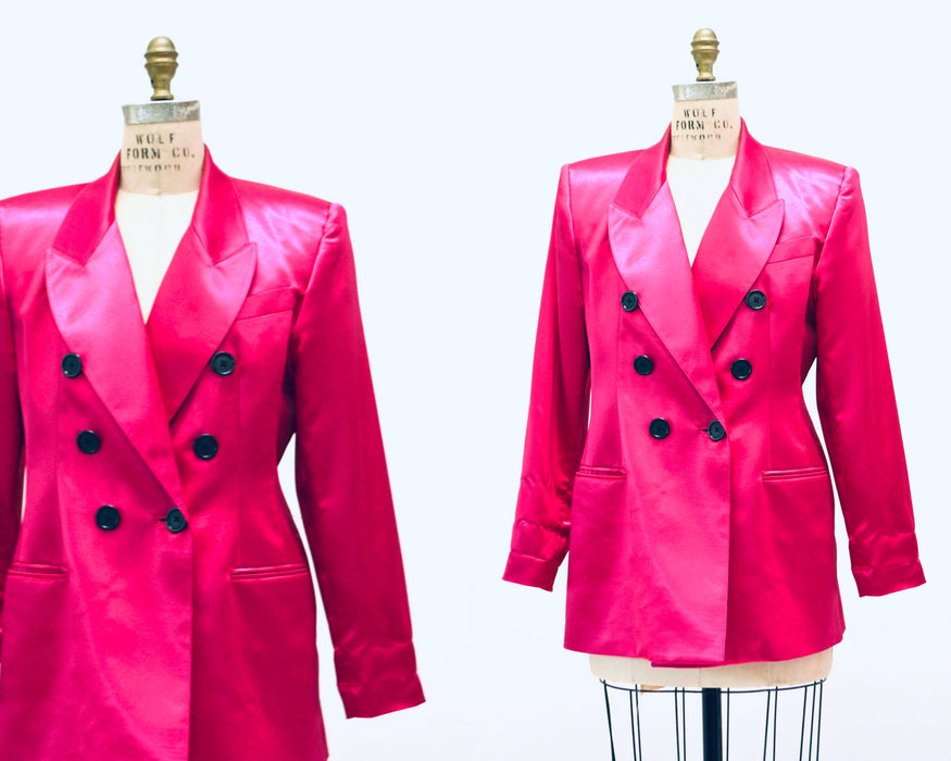 Vintage 80s 90s Bright Pink Fuchsia Satin Suit Jacket Blazer 90s Pink Barbie Power Suit Medium Large// 90s Glam Pink Jacket Blazer Criscione