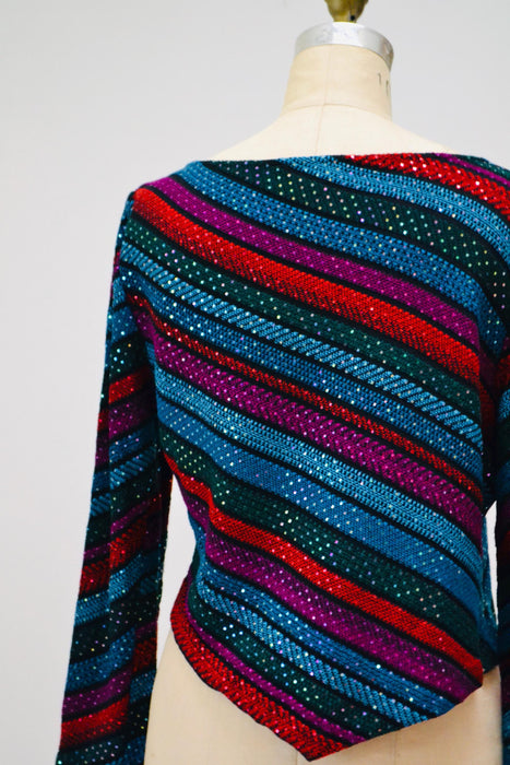 80s Vintage St John Striped Sweater Top Red Black Metallic Cropped Sweater Knit Medium Large St John Evening Party Top Striped Long Sleeves