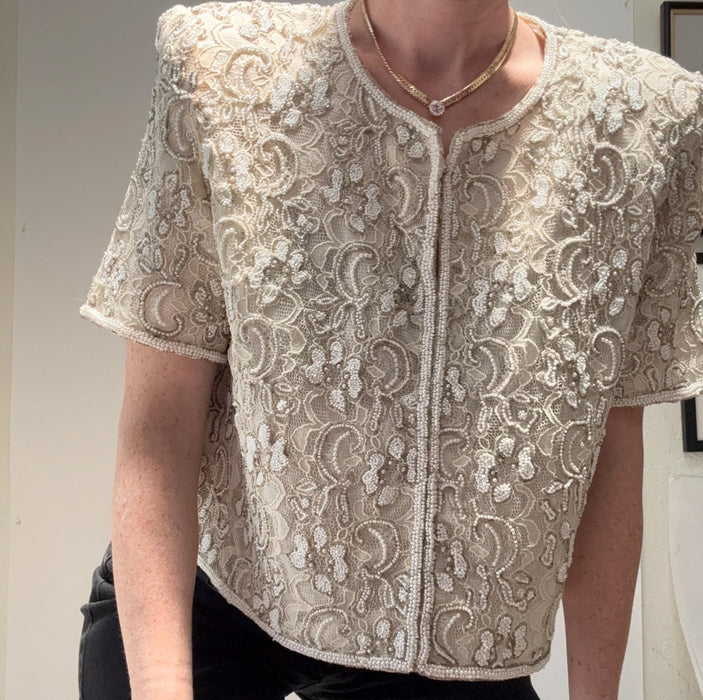 Vintage Cream White Lace Beaded Shirt Jacket Top Medium Large Cream White Lace Wedding Top Jacket// Vintage Summer Wedding Lace Jacket Large