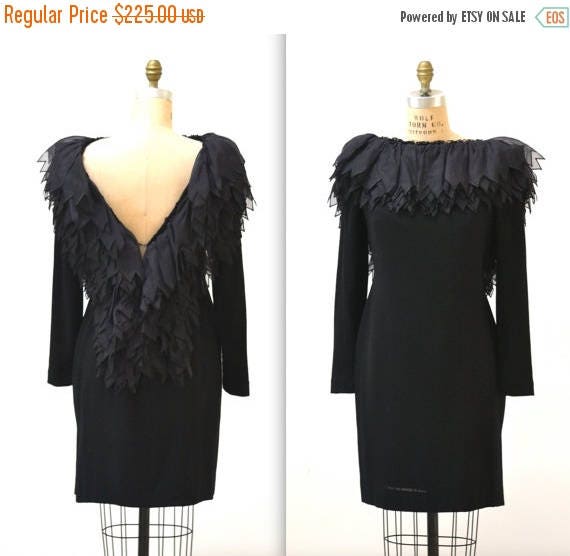 Vintage Black Dress Black Medium Large Ruffle Neckline by Alfred Bosand  // 90s Vintage Black Cocktail Dress Wool and Silk Party Dress