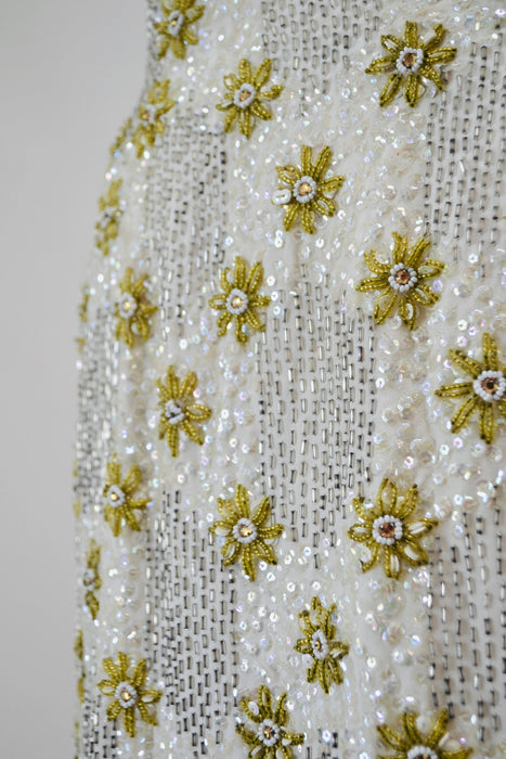 50s 60s Vintage Cream Gold Sequin Beaded Dress and Jacket Small Medium 1950s 60s Wedding Sequin Dress Jacket Flower Beaded Suit Miss Ruth