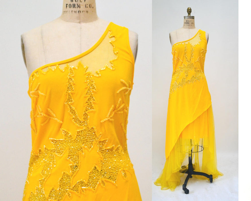 Vintage 00s Y2K Tank Dress Knit Beaded Yellow Sheer Dress Large XL// Yellow Beaded Dress Salsa Sexy One shoulder Asymmetrical Club Dress XL