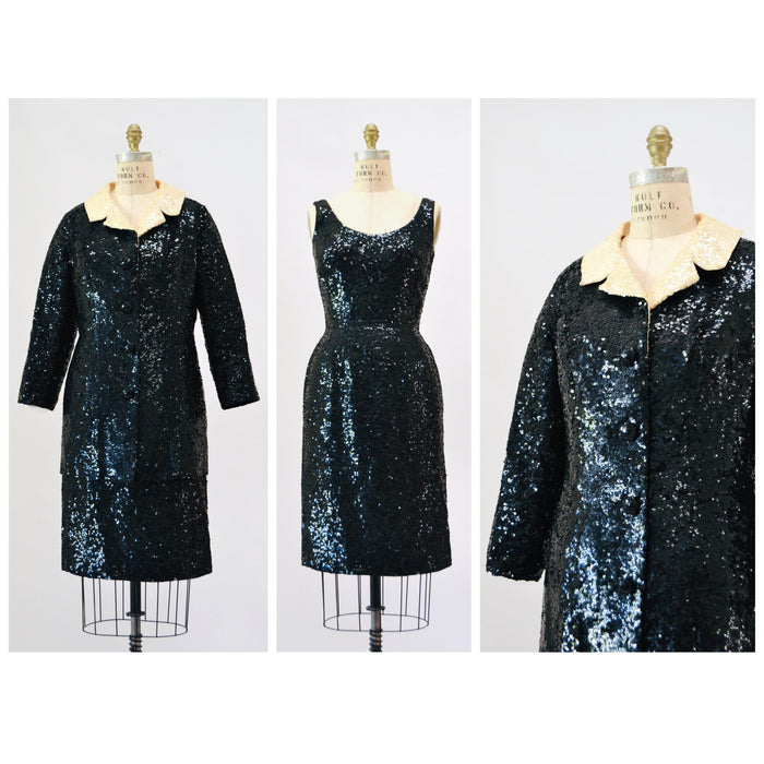 50s 60s Vintage Black Sequin Dress and Jacket Small Medium 1950s 60s Wedding Cocktail Sequin Dress Jacket Suit Miss Ruth Cream Sequin Collar