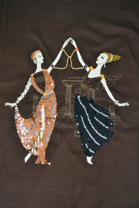 80s Vintage T Shirt Tunic Brown Beaded George Barbier Fashion Illustration Printed Sequin Beaded Erte Top Shirt French Art DIDIER RONSARD