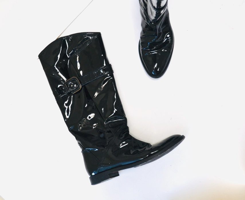 90s 2000s Black Patent Leather Knee High Boots 39 8 8 1/2 Sergio Rossi Made in Italy// Vintage Black Patent leather Knee High Flat boots