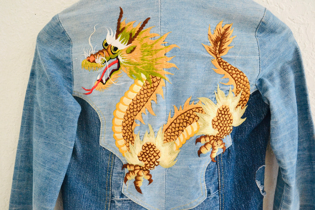 70s Authentic Vintage Patchwork Denim Shirt Bell Bottom Jeans Pants Embroidered Dragon Jeans Denim Shirt Set XS Small Paradox Bloomingdales